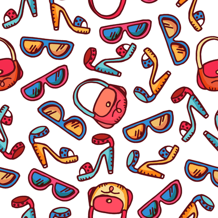 Seamless pattern of woman fashion accessories - freehand drawing of glamour lifestyle elementsのイラスト素材