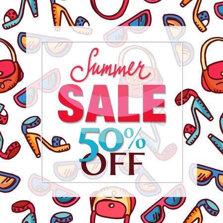 Pattern with woman fashion accessories - freehand drawing of glamour lifestyle elements. Design of Summer Sale label, poster, bannerの写真素材
