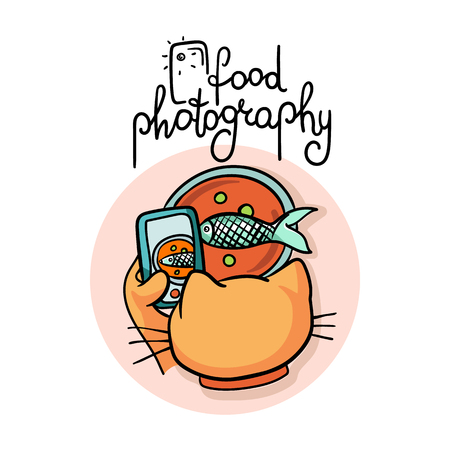 Cat taking food photo on smart phone Vector hand-drawn illustrationの写真素材