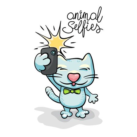 Cartoon cat character taking selfie photo on smart phone. Vector flat illustration. Hand-drawn illustration.の写真素材