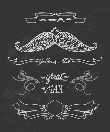 Hand drawn mustache with lettering and vignettes, collection of elements for personal designの写真素材