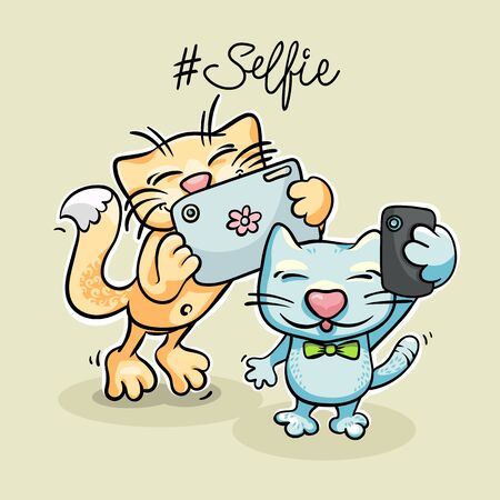 Two cartoon cats taking selfie on smart phone. Vector hand-drawn illustrationの写真素材