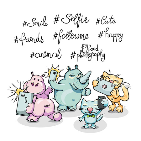 Cartoon rhino and hippo taking selfie on smart phone. Vector hand-drawn illustrationの写真素材