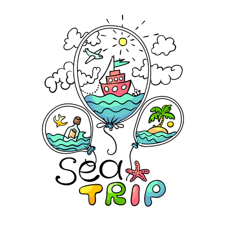 Cartoon style illustration. Summer sea tours concept. Hand-drawn vector drawingのイラスト素材