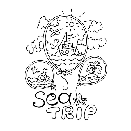 Cartoon style illustration. Summer sea tours concept. Hand-drawn vector outline drawing for coloring.のイラスト素材