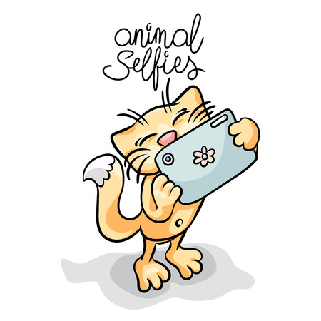 Cartoon cat character taking selfie photo on smart phone. Vector flat illustration. Hand-drawn illustration.のイラスト素材