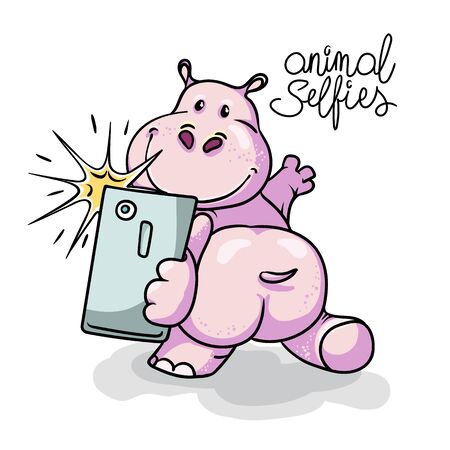 Cartoon hippo taking selfie photo on smart phone. Vector hand-drawn illustrationの写真素材
