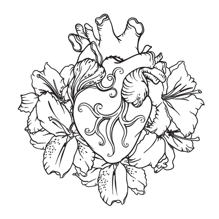 Heart with white lilies in romantic style. Blooming Heart concept.のイラスト素材