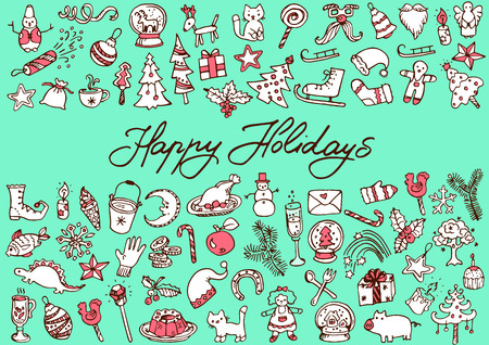 Big bundle of Christmas doodles, hand drawn icons.のイラスト素材