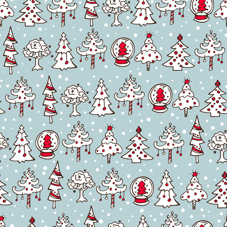 Seamless retro Christmas pattern with Christmas trees and snow globes. Hand drawn outlined objects.の写真素材
