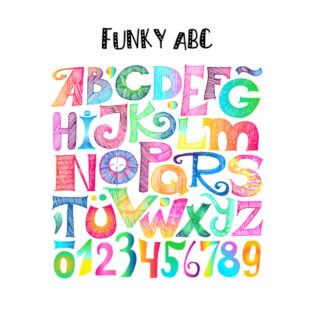 Funky ABC. Hand drawn sketchy letters and numerals with gradient. Retro style.の写真素材