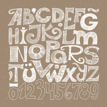 Hand drawn decorative typography. Sketched grunge alphabet and numerals. White on craft paperの写真素材