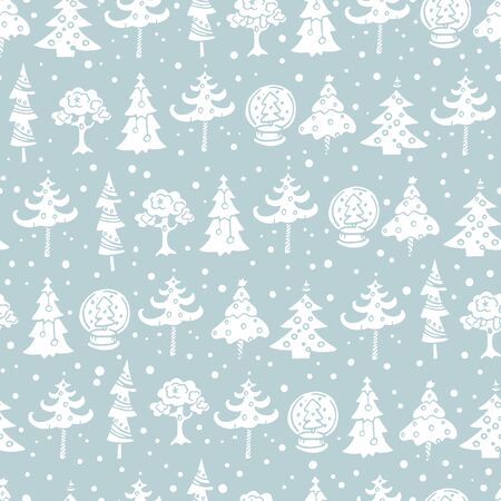 Seamless retro Christmas pattern with Christmas trees and snow globes.の写真素材