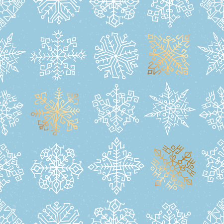Seamless pattern with hand drawn snowflakes. Ethnic design. White and golden objects on light blue backgroundのイラスト素材