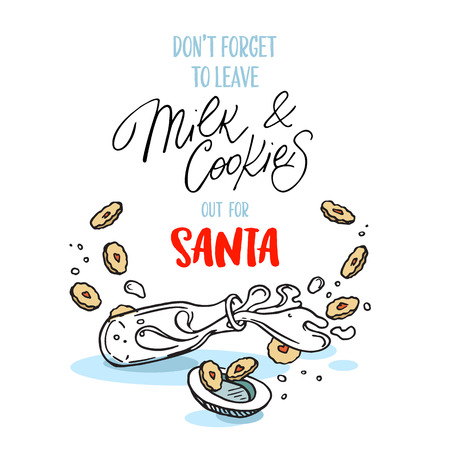 Poster Milk and cookies for Santa. Hand drawing and typography isolated on whiteのイラスト素材