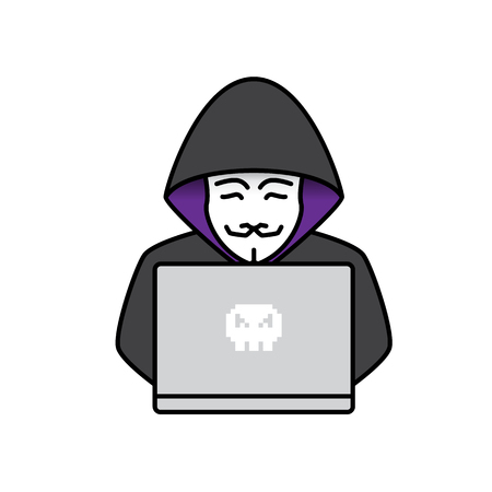 Icon of Hacker with mask, laptop. Flat design illustration.のイラスト素材