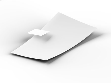 Empty paper sheet in A4 format with business card. 3d illustration