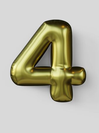 Golden balloon in shape of number 4 isolated. 3d illustration.の写真素材