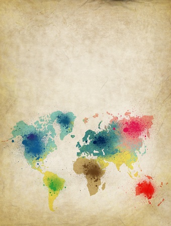 world map with colorful splash on old paperの写真素材