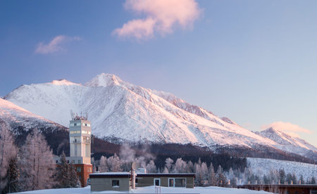 panoramic view of snow covered high tatras mountainsの写真素材