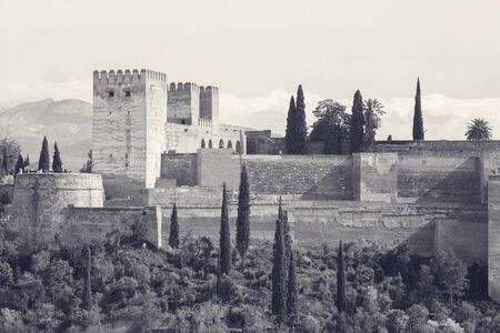 monochrome picture of alhambra palace in spainの写真素材