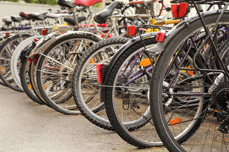 many bikes on streetの写真素材