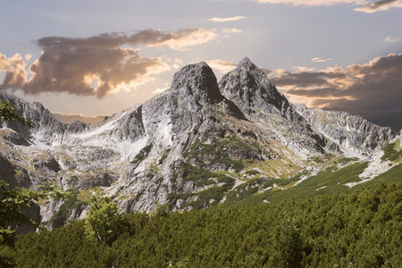 beautiful sunset in mountainsの写真素材