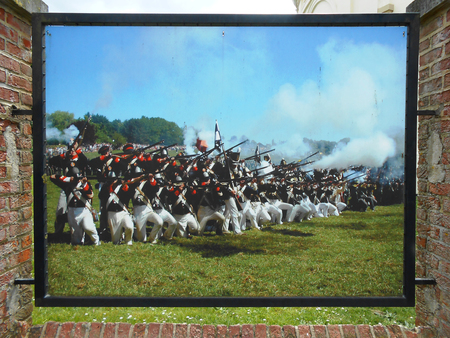 Waterloo, Belgium - April 28, 2014: Depiction of the Battle of Waterloo displayed in front of the entrance of Waterloo Battlefield, Belgium.のeditorial素材