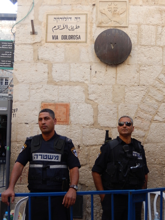 Jerusalem, Israel â October  11, 2015: Israeli policemen controlling the order in the streets in Old City in Jerusalem, Israel.のeditorial素材