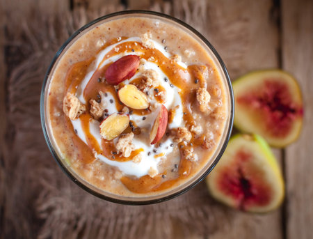 Close-up of oats and chia seeds pudding with figs, on wooden background, top viewの写真素材