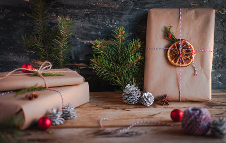Christmas gifts on wooden shelf