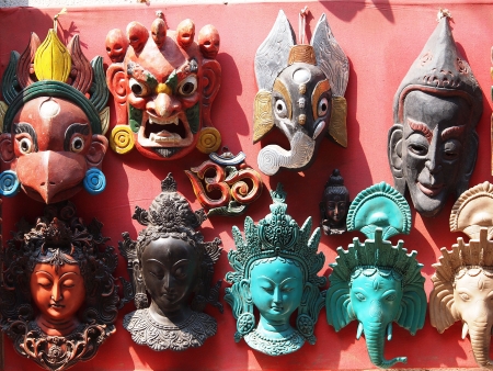 Nepali masks on display in the markets of Bhaktapur, Nepal       の写真素材