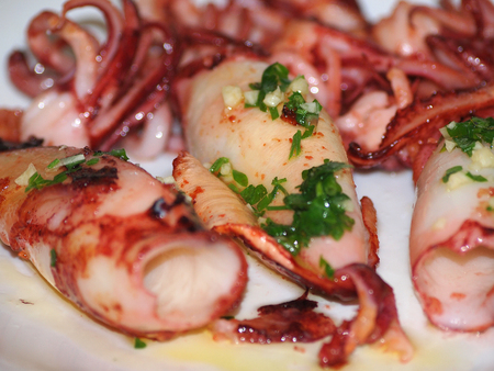 Delicious grilled squids with garlic and parsley, Greece       の写真素材