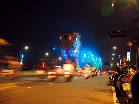 Da Nang city, Vietnam ,24 February 2015 :Blue Hour in Dragon Bridge,famous bridge in Da Nang city,Dragon Bridge can be breath fire and water in weekend.Da Nang City is Famous city for visit in Vietnam.のeditorial素材