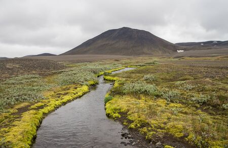 beautiful glacier river in green icelandic landscapeの写真素材