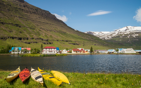 Scenic town of Seydisfjordur in Icelandの写真素材