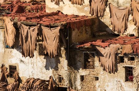 Traditional leather tannery in Fez, Moroccoの写真素材