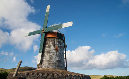 Traditional stone windmill on portuguese Azores islandの写真素材