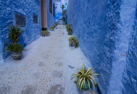 Scenic streets of old blue heritage Chefchaouen city in Moroccoの写真素材