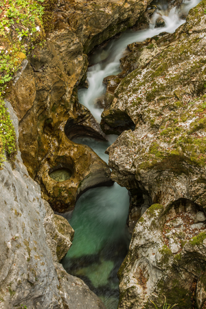 Scenic glacier carved Mostnice canyon near Bohinj in Slovenia during spring timeの写真素材