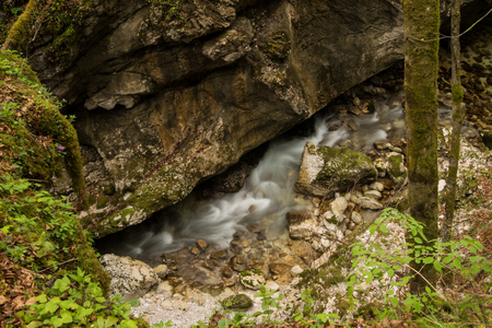 Scenic glacier carved canyon Mostnice near Bohinj in Slovenia during springtimeの写真素材
