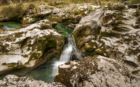 Scenic glacier carved canyon Mostnice near Bohinj in Slovenia during springtimeの写真素材