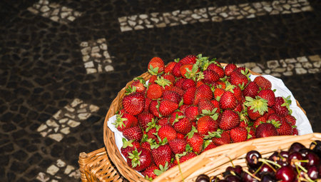 Fresh organic strawberries on street marketの写真素材