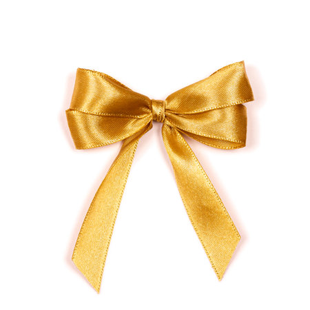 Golden ribbon satin bow isolated on white background. Decoration concept.の写真素材