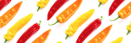 Colorful pattern of paprikas on white background. Minimal food concept. Banner for website.の写真素材