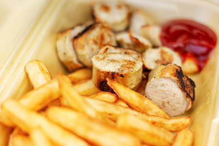 Take away cut sausage and chips with ketchup in a polystyrene box. Selective focus. Street food concept.の写真素材