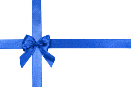 Beautiful blue ribbon with bow isolated on white background.の写真素材