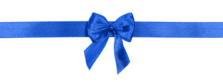 Blue satin ribbon with a bow isolated on white background. Decoration concept.の写真素材