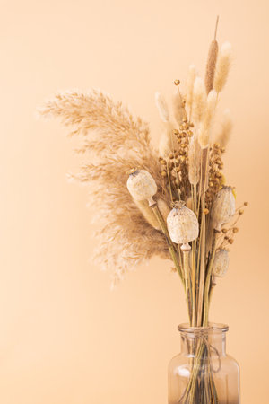 Bouquet of beige dried flowers in a glass vase on beige background.の写真素材