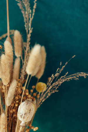 Bouquet of beige dried flowers on green-blue background.の写真素材